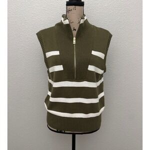 NWT Talbots Half Zip Sweater Vest Olive Ivory Stripe Sleeveless Mock Neck Small
